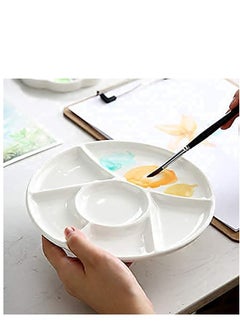 KASTWAVE Ceramic Artist Paint Pallet, Tray, Palette, Easy to Clean Porcelain Mixing Tray for Watercolor Gouache Painting, 6 Wells, 8 inch, White, Round  - Image 1