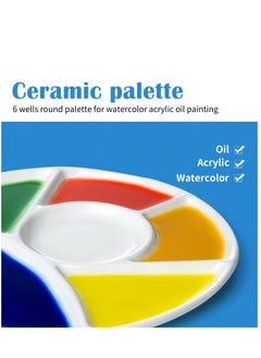 KASTWAVE Ceramic Artist Paint Pallet, Tray, Palette, Easy to Clean Porcelain Mixing Tray for Watercolor Gouache Painting, 6 Wells, 8 inch, White, Round  - Image 4