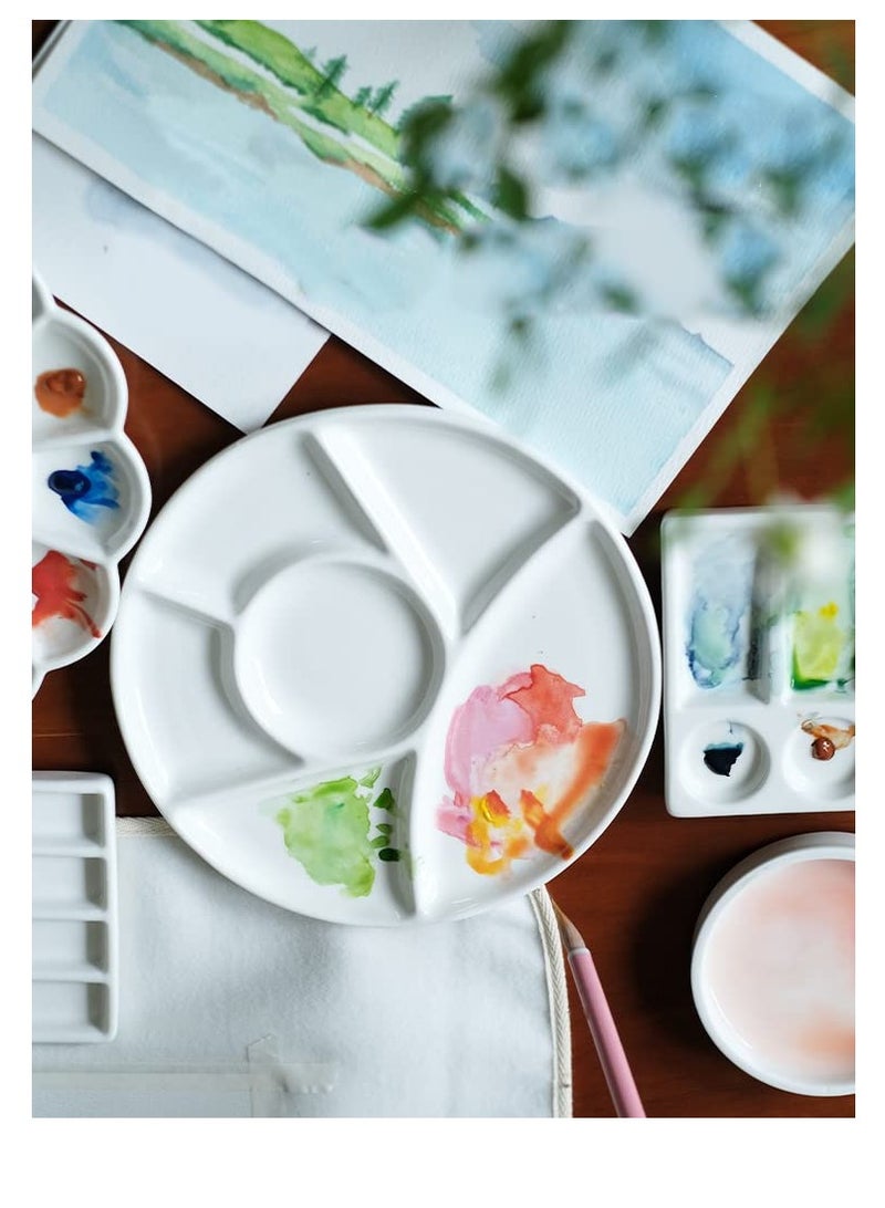 KASTWAVE Ceramic Artist Paint Pallet, Tray, Palette, Easy to Clean Porcelain Mixing Tray for Watercolor Gouache Painting, 6 Wells, 8 inch, White, Round - Image 2