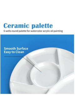 KASTWAVE Ceramic Artist Paint Pallet, Tray, Palette, Easy to Clean Porcelain Mixing Tray for Watercolor Gouache Painting, 6 Wells, 8 inch, White, Round  - Image 5