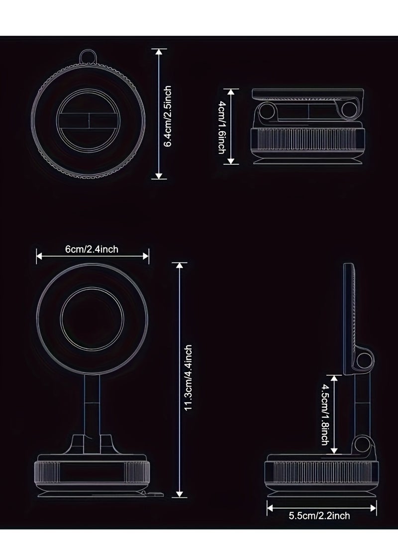حامل هاتف مغناطيسي قابل للتعديل والطي، مغناطيس قوي N52، يدور 360 درجة، مثبت بقاعدة شفط مفرغ، مناسب للوحة القيادة، وبلاط الحمام، والأسطح الزجاجية - مصنوع من مادة ABS، دائري الشكل، يُثبّت على لوحة القيادة | تصميم أنيق | حامل متين، حامل هاتف للسيارة - Image 5