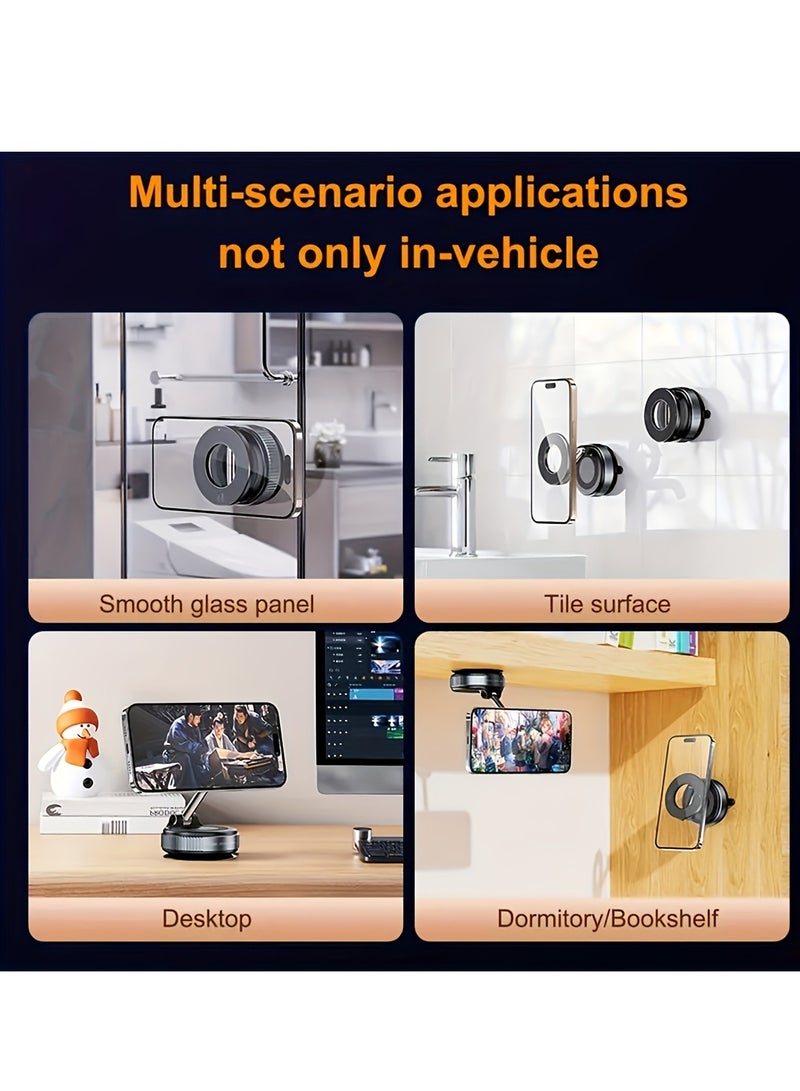 حامل هاتف مغناطيسي قابل للتعديل والطي، مغناطيس قوي N52، يدور 360 درجة، مثبت بقاعدة شفط مفرغ، مناسب للوحة القيادة، وبلاط الحمام، والأسطح الزجاجية - مصنوع من مادة ABS، دائري الشكل، يُثبّت على لوحة القيادة | تصميم أنيق | حامل متين، حامل هاتف للسيارة - Image 3