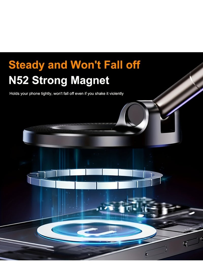 حامل هاتف مغناطيسي قابل للتعديل والطي، مغناطيس قوي N52، يدور 360 درجة، مثبت بقاعدة شفط مفرغ، مناسب للوحة القيادة، وبلاط الحمام، والأسطح الزجاجية - مصنوع من مادة ABS، دائري الشكل، يُثبّت على لوحة القيادة | تصميم أنيق | حامل متين، حامل هاتف للسيارة - Image 2