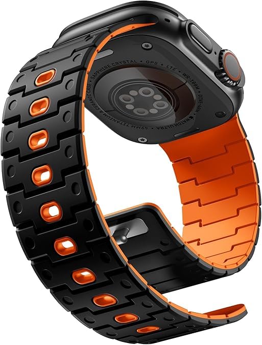 Bandletic Watchband Compatible with Apple Watch Ultra Band/Apple Watch Ultra 2 Band - Durable Silicone Magnetic Bands for iWatch Series 11 10 46mm, 9/8/7 45mm, SE3/6/5/4 44mm, 3/2/1 42mm, Black/Orange - Image 1