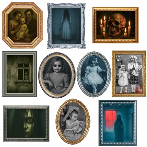 Lansian Halloween Decorations Indoor Scary Wall Decor, 10Piece Poster Creepy Frames Portraits Pictures, Gothic Decor Horror Castle Haunted House Mansion Decor Decoration Party Supplies - Image 1