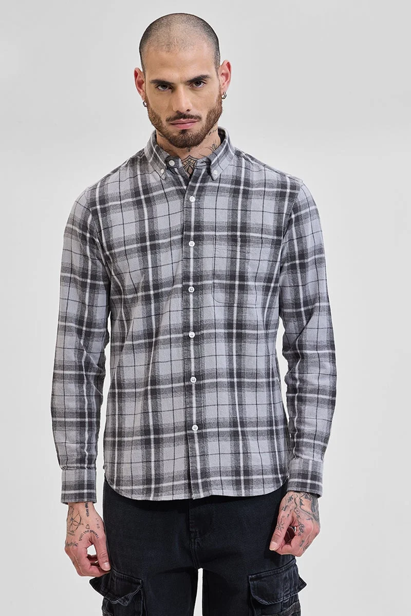 SNITCH Light Grey Checkered Long Sleeve Slim Fit Casual Shirt