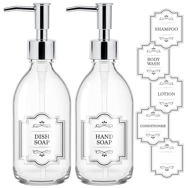 Homepicker 8 oz Clear Glass Pump Bottle 250ml Small Lotion Dispenser Bottle for Body Massage Oil Refillable Empty Hand and Dish Soap Dispensers Set with Plastic Silver Pump Labels 2 Pack - Image 3