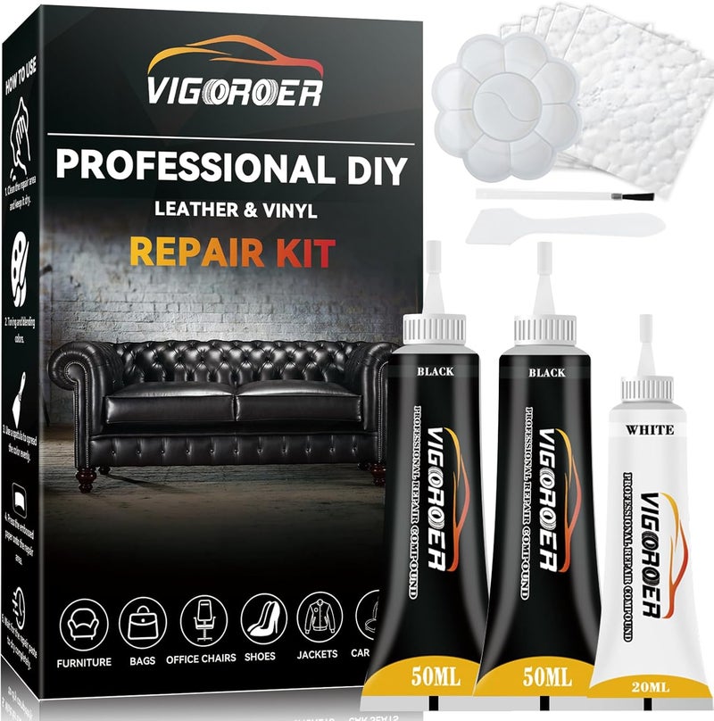 Vigorder Black Leather Repair Kit for Furniture, Leather Seat Repair Kit for Cars, Easily Repairs Car Interior, Sofa, Purse and Jacket, Restore Any Material, Genuine, Pleather with Super Easy Instructions Carefully selected solid material - Image 1