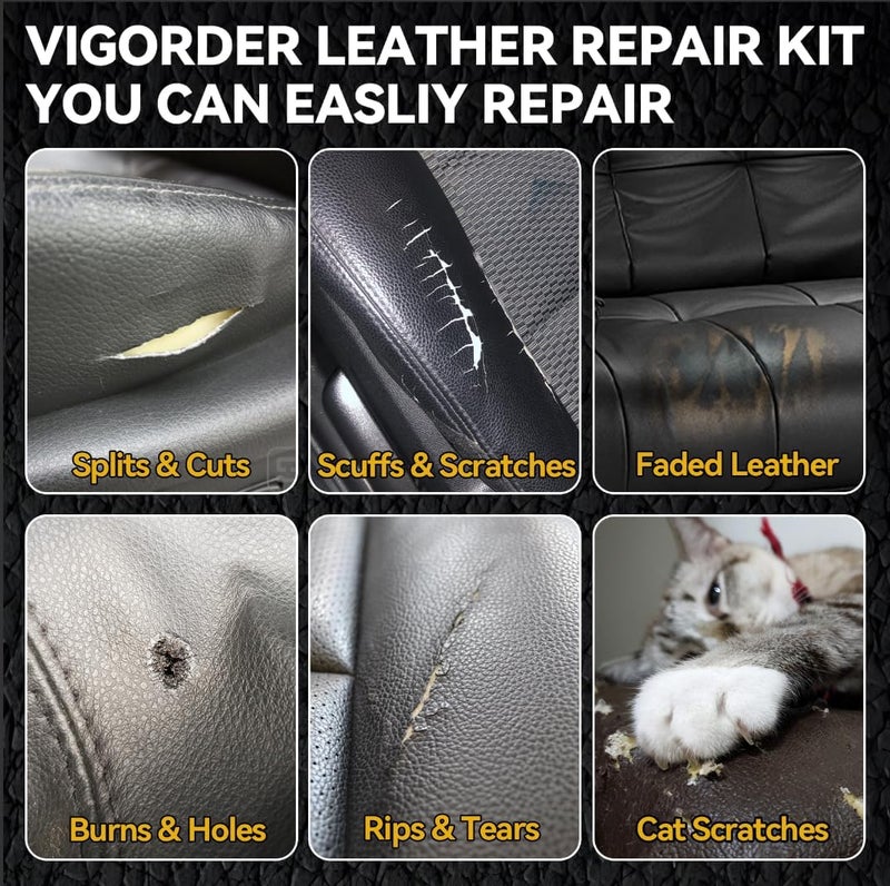 Vigorder Black Leather Repair Kit for Furniture, Leather Seat Repair Kit for Cars, Easily Repairs Car Interior, Sofa, Purse and Jacket, Restore Any Material, Genuine, Pleather with Super Easy Instructions Carefully selected solid material - Image 2