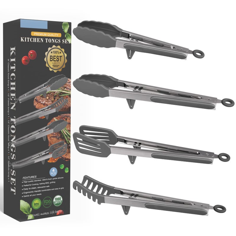 4in1 Stainless Steel Kitchen Food Tongs Set for Cooking with Silicone Tips Toaster Steak Pie Pizza Pasta Spaghetti Noodles Salad Fruit Vegetable Grill BBQ Buffet Clamp Serving Tools Gadgets