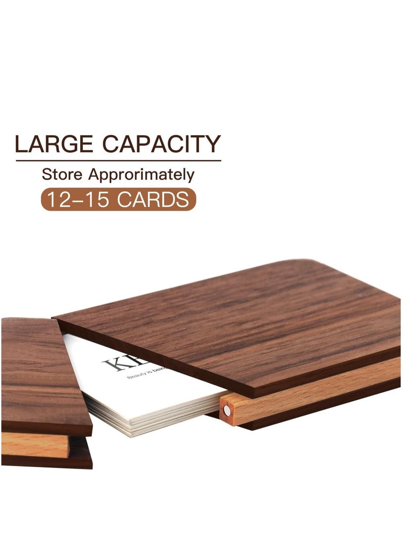 Excefore Wood Business Card Holders, PU Leather Business Card Case Pocket Business Card Holders for Men or Women, Professional Slim Business Card Carrier Name Card Holder Wallet With Magnetic Shut, Coffee - Image 4