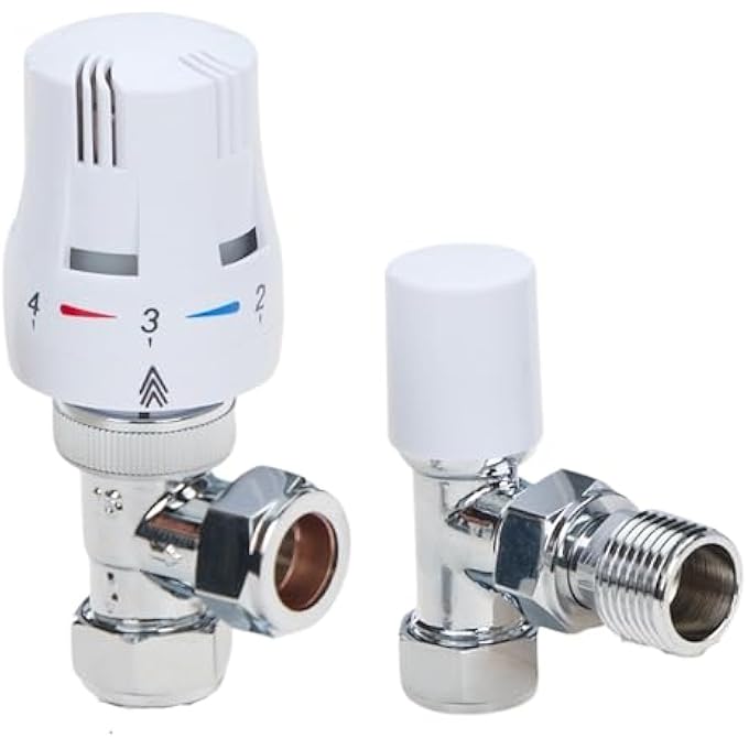 THERMOSTATIC RADIATOR VALVE TRV WITH LOCKSHIELD 1/2" X 15MM ANGLED WHITE RADIATOR THERMOSTAT VALVE - Image 1