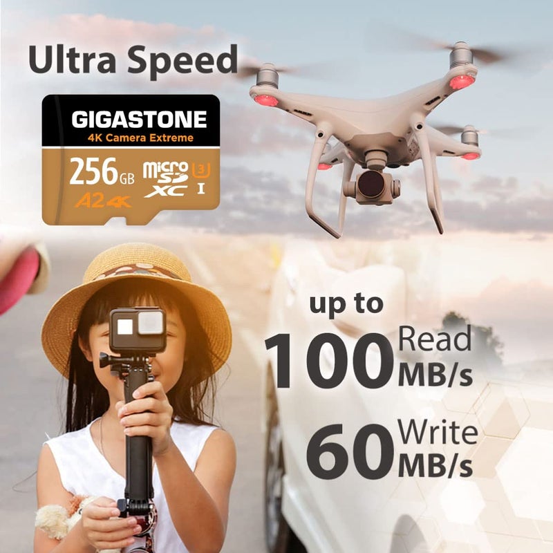 Gigastone ã€5-Years Data Recoveryã€‘ GIGASTONE 256GB Micro SD Card, 4K Camera Extreme, MicroSDXC Memory Card for Switch, GoPro, Action Camera, DJI, R/W up to 100/60MB/s, UHS-I U3 A2 V30 C10, with Adapter - Image 2