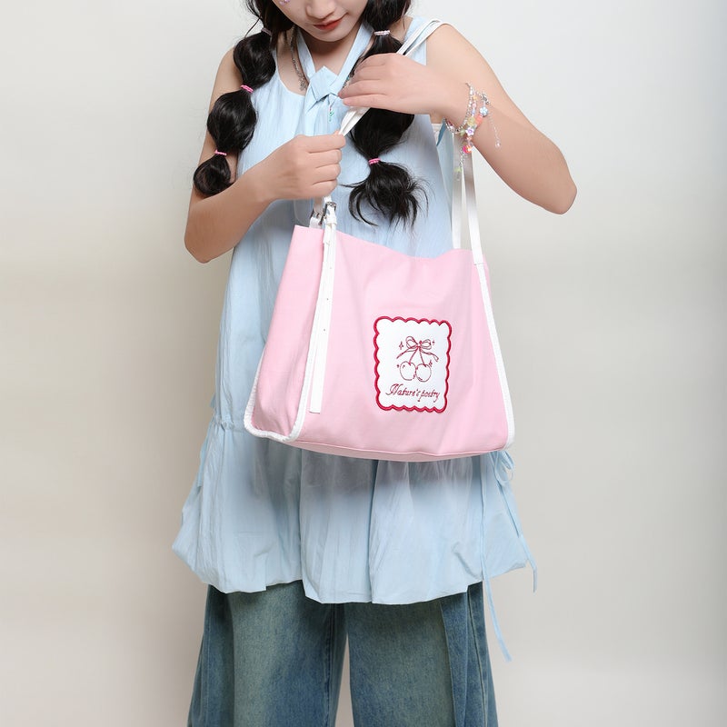 Summer 2026 Canvas Tote Bag, Korean Style, Printed, Large Capacity, Pink/Blue - Image 3