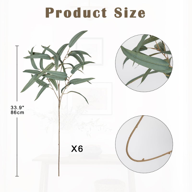 Briful Artificial Eucalyptus Willow Branches 33'' Tall Gray Fake Eucalyptus Stems Arrangement, Realistic Faux Greenery Stems, Indoor Plant, Home Housewarming Farmhouse Porch Vase Decor, Set of 6 - Image 2