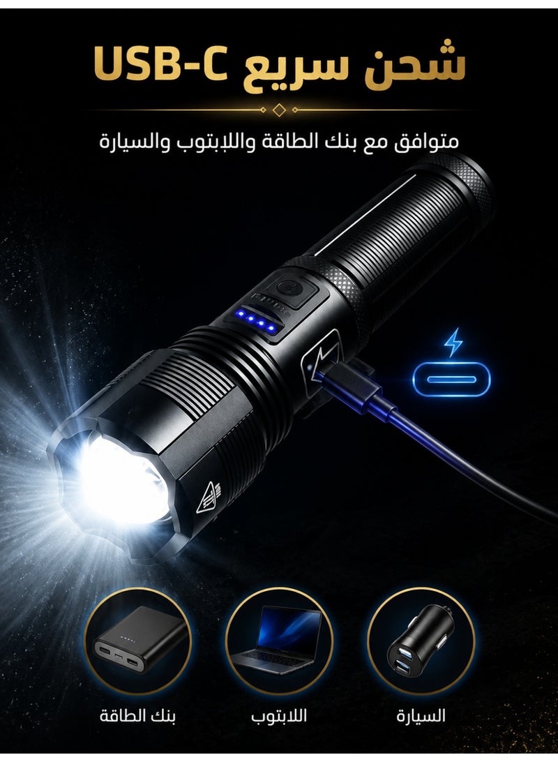 مصباح يدوي LED عالي السطوع قابل لإعادة الشحن، مصباح من سبائك الألومنيوم مقاوم للماء وقابل للتكبير مع أنماط متعددة وحماية من الشحن الزائد، محمول للتنزه والتخييم الخارجي - Image 3
