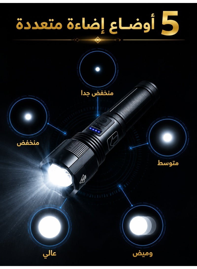 مصباح يدوي LED عالي السطوع قابل لإعادة الشحن، مصباح من سبائك الألومنيوم مقاوم للماء وقابل للتكبير مع أنماط متعددة وحماية من الشحن الزائد، محمول للتنزه والتخييم الخارجي - Image 4