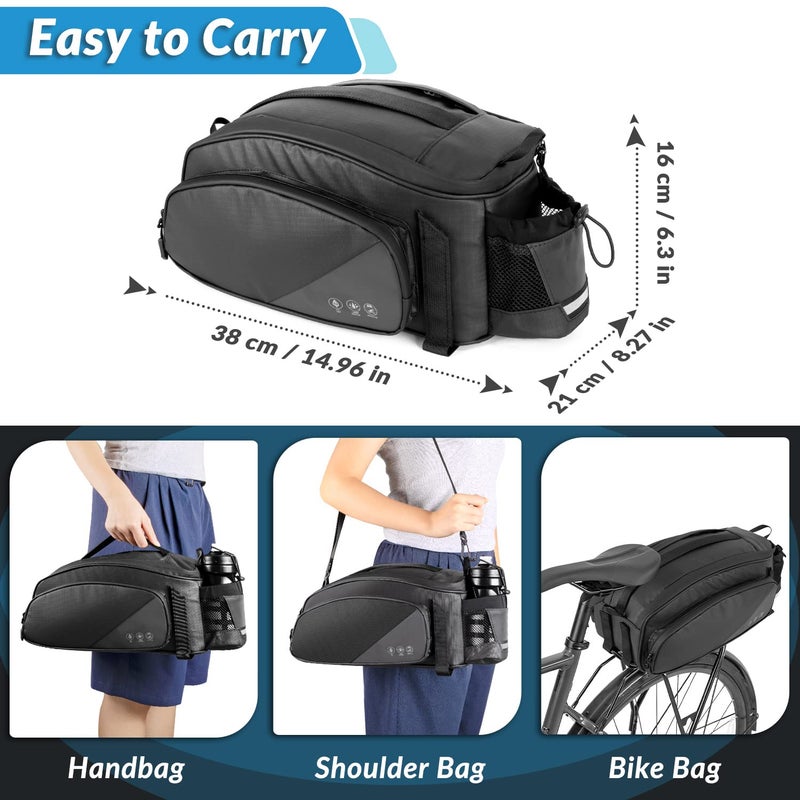 WOTOW Rear Bike Rack Bag, 12L Waterproof Reflective Bike Ebike Saddle Trunk Bag, Bicycle Panniers Rear Basket Storage Bag with Water Bottle Holder Shoulder Strap for MTB E Bike Commuter Travel - Image 5