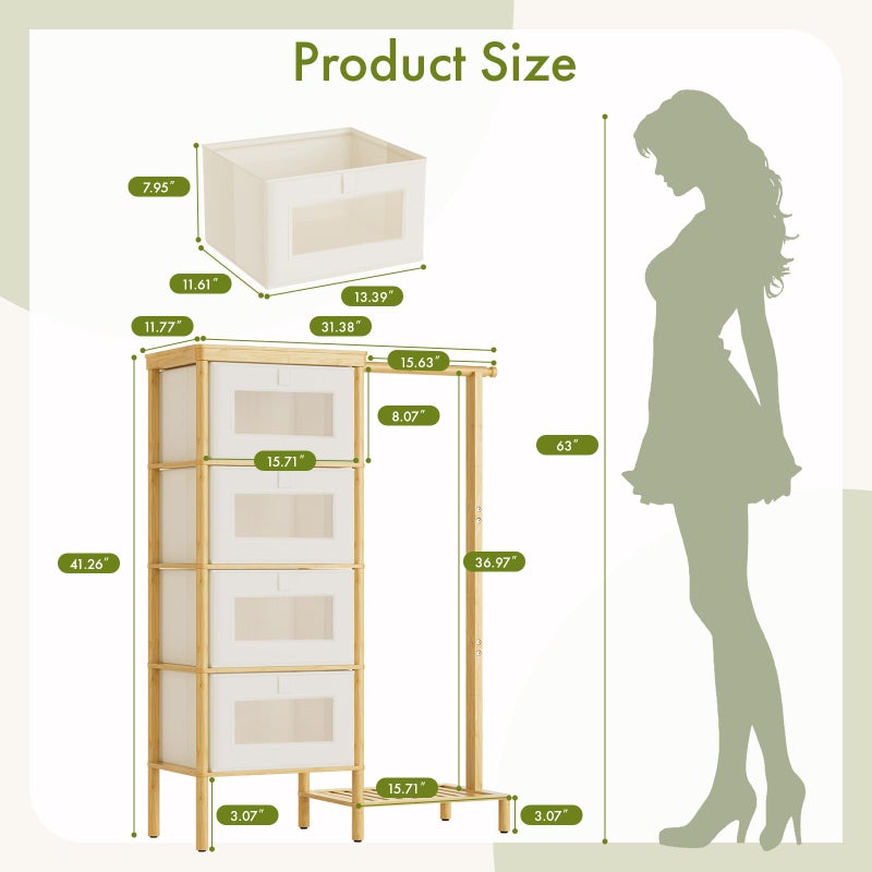 Atoping Bamboo Dresser with Hanging Rack, 4-Drawer Small Closet Organizer for Bedroom, Tall Storage Tower with Clothes Rack, Natural Wood 41.4" H x 31.3" Wâ€“Space-Saving Design, Easy Assembly - Image 5