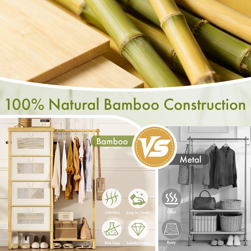 Atoping Bamboo Dresser with Hanging Rack, 4-Drawer Small Closet Organizer for Bedroom, Tall Storage Tower with Clothes Rack, Natural Wood 41.4" H x 31.3" Wâ€“Space-Saving Design, Easy Assembly - Image 2