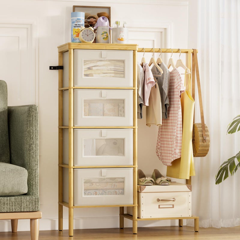 Atoping Bamboo Dresser with Hanging Rack, 4-Drawer Small Closet Organizer for Bedroom, Tall Storage Tower with Clothes Rack, Natural Wood 41.4" H x 31.3" Wâ€“Space-Saving Design, Easy Assembly - Image 1
