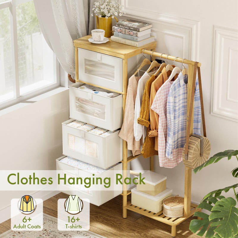 Atoping Bamboo Dresser with Hanging Rack, 4-Drawer Small Closet Organizer for Bedroom, Tall Storage Tower with Clothes Rack, Natural Wood 41.4" H x 31.3" Wâ€“Space-Saving Design, Easy Assembly - Image 4