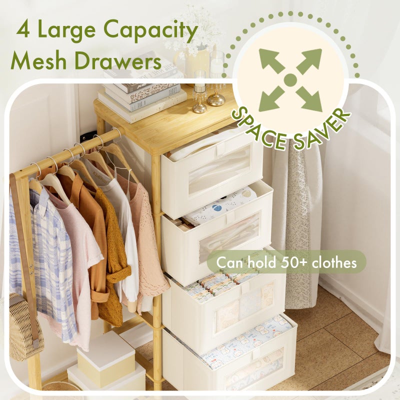 Atoping Bamboo Dresser with Hanging Rack, 4-Drawer Small Closet Organizer for Bedroom, Tall Storage Tower with Clothes Rack, Natural Wood 41.4" H x 31.3" Wâ€“Space-Saving Design, Easy Assembly - Image 3