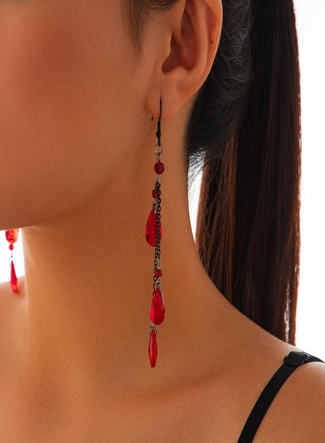 IS4U Gothic Blood Drop Earrings Black Red Crystal Vampire Earrings Vintage Gothic Dark Earring Goth Earring Long Crystal Gem Tassel Dangle Earring Birthday Party Cosplay Halloween Costume Jewelry for Women (Red) - Image 2