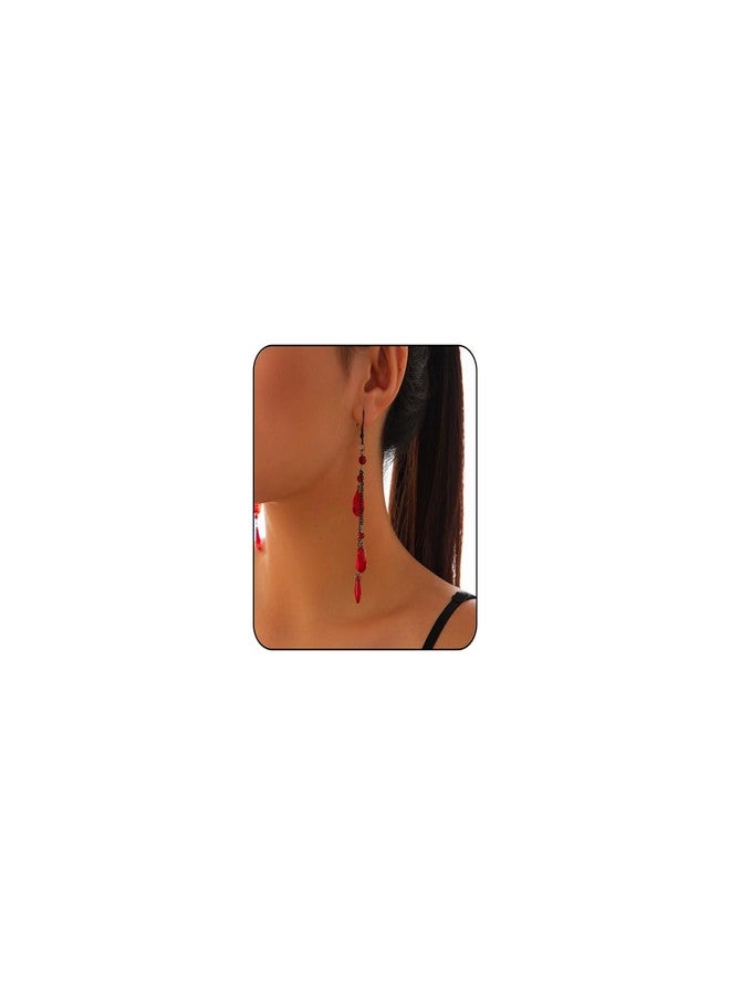 IS4U Gothic Blood Drop Earrings Black Red Crystal Vampire Earrings Vintage Gothic Dark Earring Goth Earring Long Crystal Gem Tassel Dangle Earring Birthday Party Cosplay Halloween Costume Jewelry for Women (Red) - Image 1