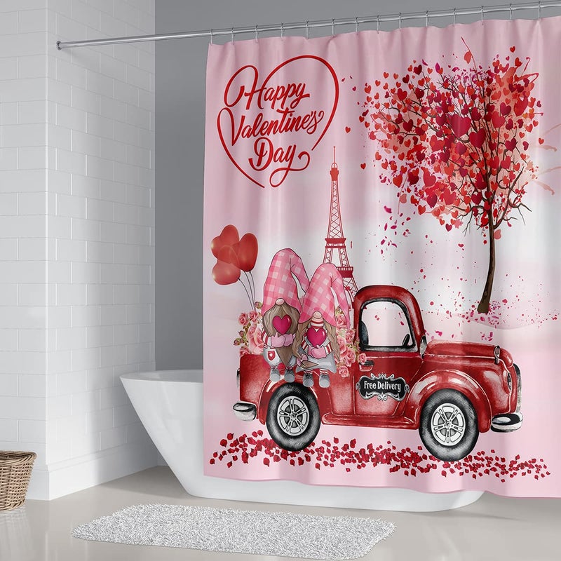 DDS-DUDES Lover Shower Curtain Set for Bathroom, Wedding,Happy Valentine's Day Gnomes by Bike Waterproof Bath Curtain, Eiffel Tower Fabric Shower Curtains with Hooks 71x71 inches - Image 2