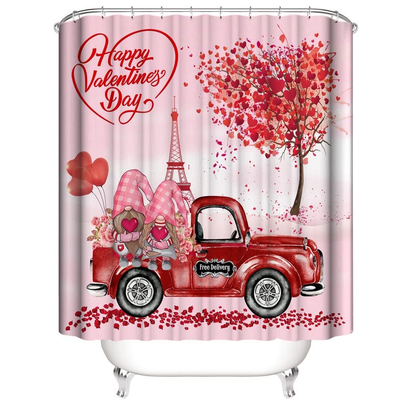 DDS-DUDES Lover Shower Curtain Set for Bathroom, Wedding,Happy Valentine's Day Gnomes by Bike Waterproof Bath Curtain, Eiffel Tower Fabric Shower Curtains with Hooks 71x71 inches - Image 3