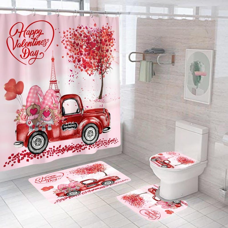 DDS-DUDES Lover Shower Curtain Set for Bathroom, Wedding,Happy Valentine's Day Gnomes by Bike Waterproof Bath Curtain, Eiffel Tower Fabric Shower Curtains with Hooks 71x71 inches - Image 1