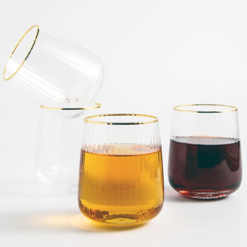 Lysenn Stemless Wine Glasses Set of 4 - Premium Hand Blown Drinking Glasses for White and Red Wine - Elegant Vertical Stripe and Gold Rim Design - Clear 15oz - Image 5