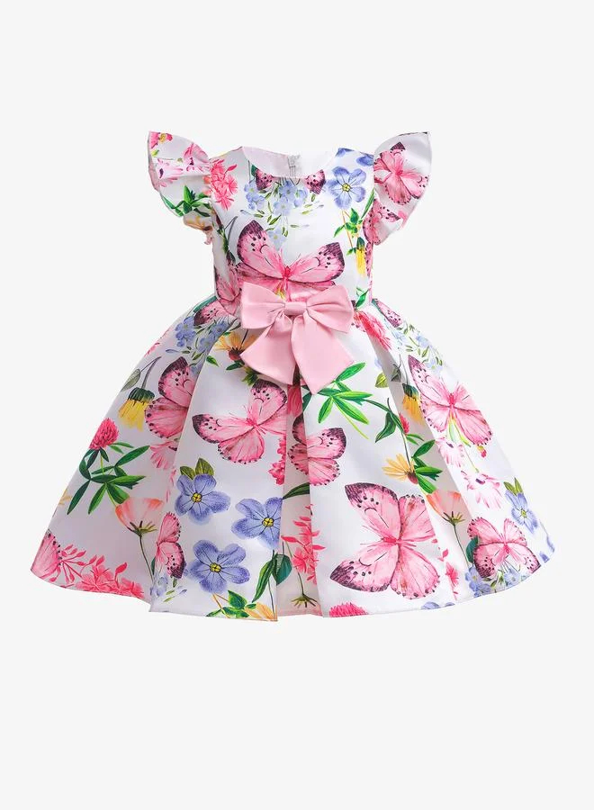 Take Two Girls Floral Print Pleated Dress with Bow Detail