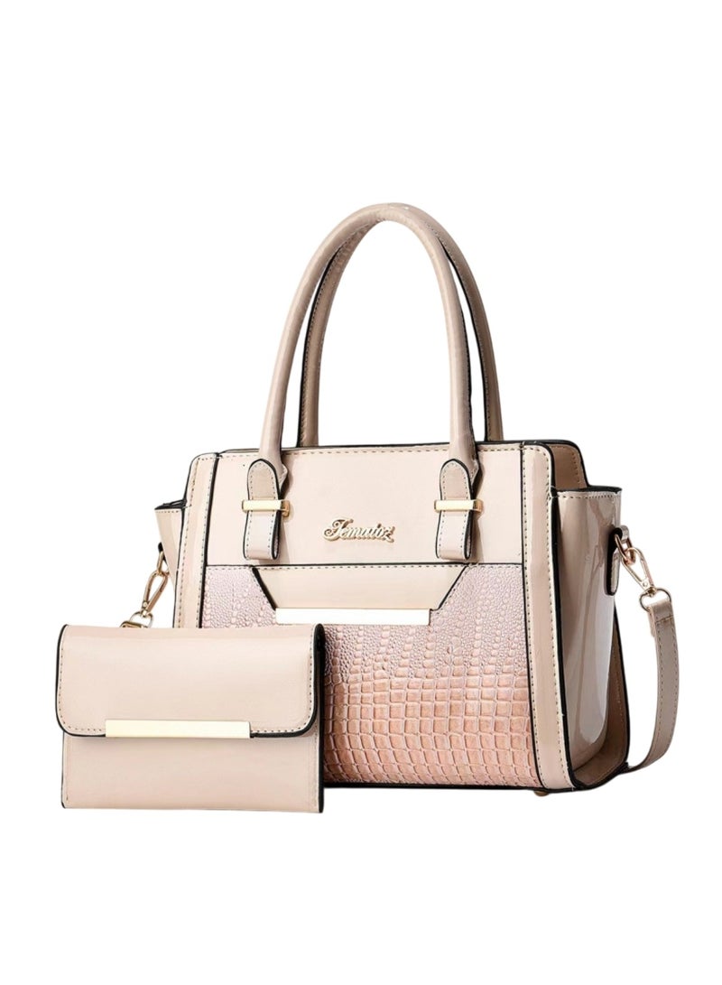 Huitich Crocodile Pattern Leather Two-Piece Women's Messenger Bag Beige 27×13×21 cm - Image 1
