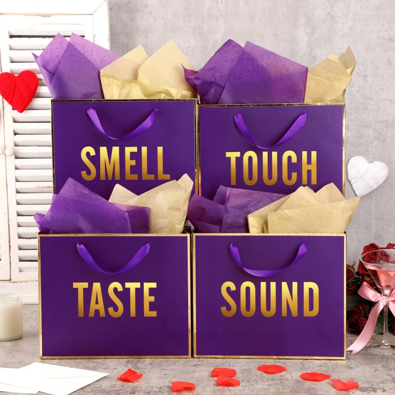 Kolldenn 5 Senses Gift Bags for Him Her Five Senses Gift Bag with Ribbon Handles and Tissue Paper Present Wrappings for Valentine Wedding Birthday Mothers Day(Dark Purple,11.8 x 10 x 4 Inch) - Image 4