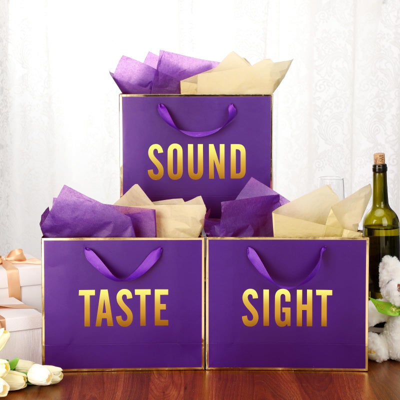 Kolldenn 5 Senses Gift Bags for Him Her Five Senses Gift Bag with Ribbon Handles and Tissue Paper Present Wrappings for Valentine Wedding Birthday Mothers Day(Dark Purple,11.8 x 10 x 4 Inch) - Image 3