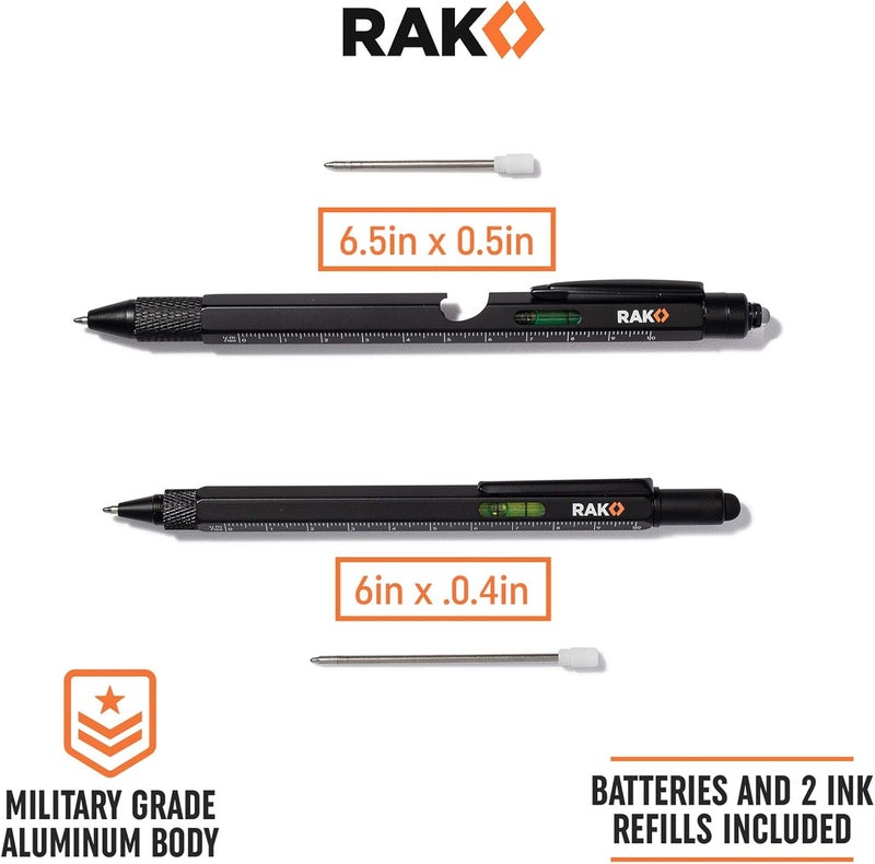 RAK Multitool Pen - Multi-Tool Pens, LED Light, Flathead, Phillips Screwdrivers, Level, Ruler, Bottle Opener, and Stylus. Cool Gadgets Gifts for Men, Dad, EDC Pen Tool, Gift-Ready Box, Pack of 2 - Image 4