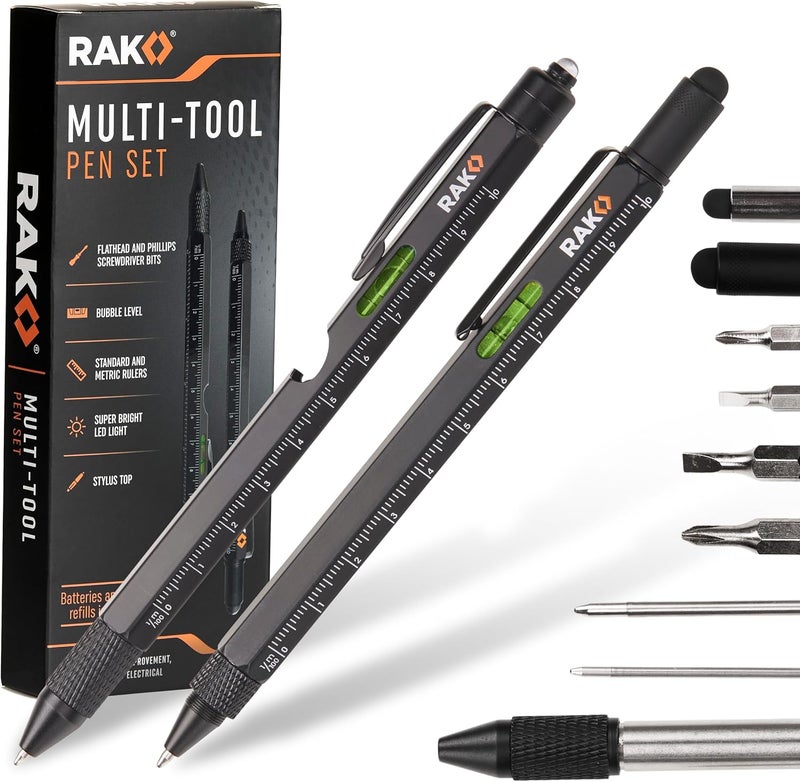 RAK Multitool Pen - Multi-Tool Pens, LED Light, Flathead, Phillips Screwdrivers, Level, Ruler, Bottle Opener, and Stylus. Cool Gadgets Gifts for Men, Dad, EDC Pen Tool, Gift-Ready Box, Pack of 2 - Image 1