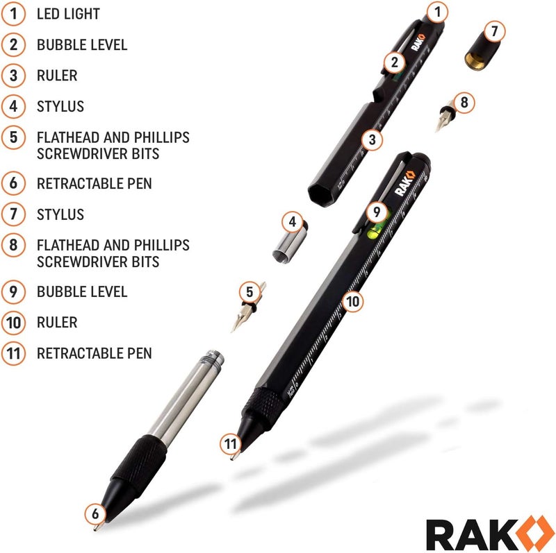 RAK Multitool Pen - Multi-Tool Pens, LED Light, Flathead, Phillips Screwdrivers, Level, Ruler, Bottle Opener, and Stylus. Cool Gadgets Gifts for Men, Dad, EDC Pen Tool, Gift-Ready Box, Pack of 2 - Image 3