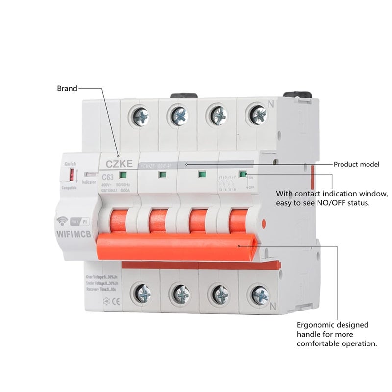 CZKE YCB9ZF-100W 4P Din Rail WiFi Smart Circuit Breaker Automatic Switch Overload Short Circuit Protection for Smart Home(100A) - Image 3
