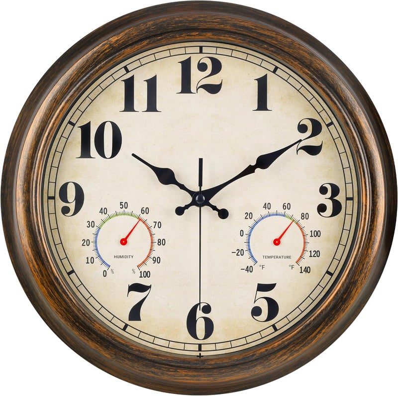 45MinST 13-Inch Vintage Outdoor Wall Clock with Thermometer and Hygrometer, Waterproof, Large Numbers, Silent, for Indoor and Outside Use,Porch,Garden,Pool(Bronze) - Image 1