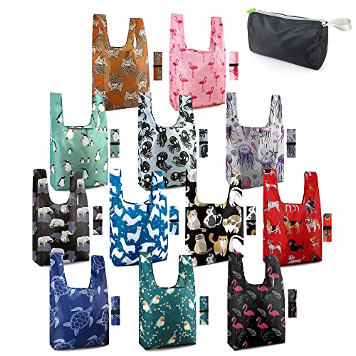 BeeGreen Animal Lover Gifts for Women Reusable Grocery Bags Foldable Shopping Totes 12 Pack Cute Holiday Bags with Handles Large Cloth Gift Bags Cute Groceries Bags Bulk Heavy Duty