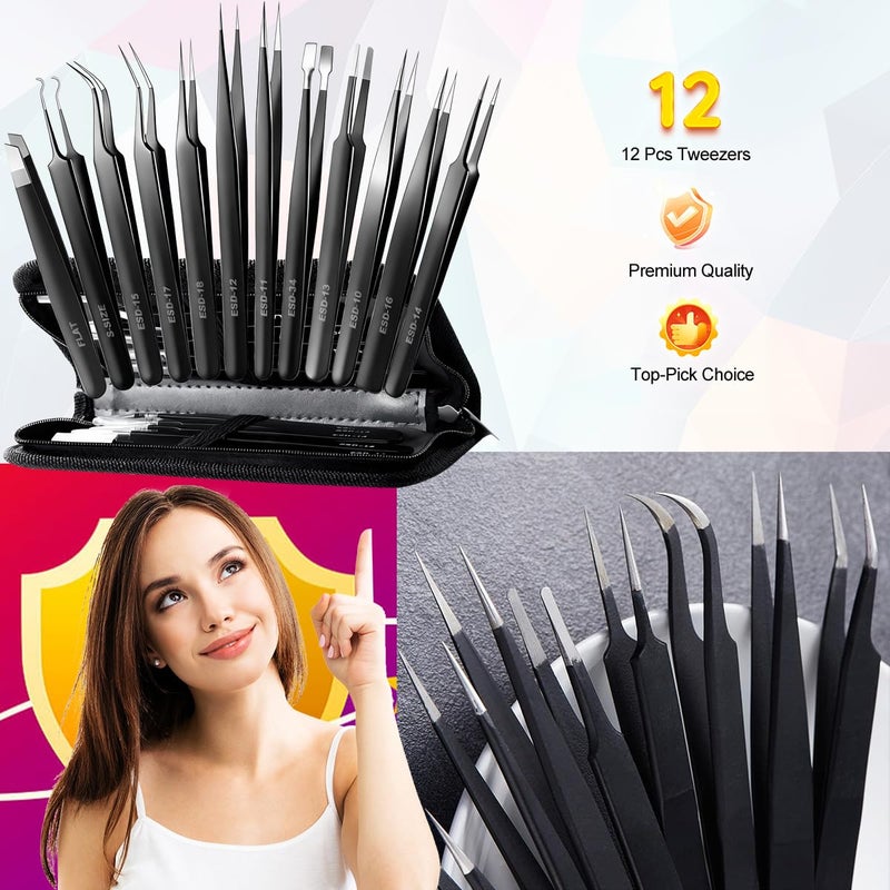 Antonki 12 Pack Precision Tweezers Set for Craft, Soldering, Jewelry, Facial Hair, Eyebrow, Ingrown Hair Removal, Eyelash Extension- with Case - Image 2