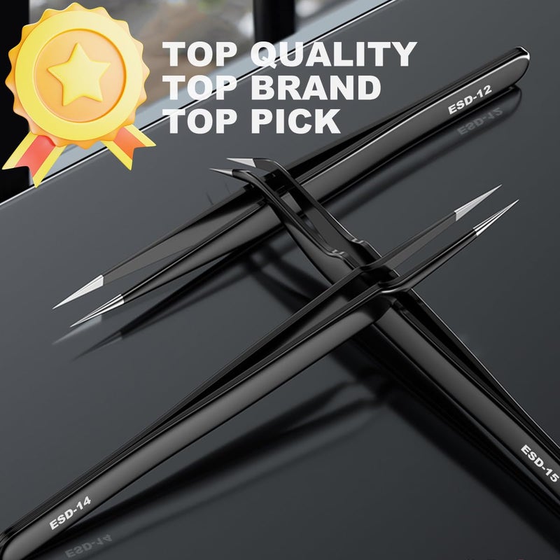 Antonki 12 Pack Precision Tweezers Set for Craft, Soldering, Jewelry, Facial Hair, Eyebrow, Ingrown Hair Removal, Eyelash Extension- with Case - Image 3