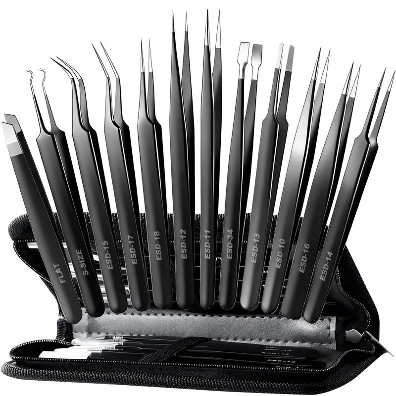 Antonki 12 Pack Precision Tweezers Set for Craft, Soldering, Jewelry, Facial Hair, Eyebrow, Ingrown Hair Removal, Eyelash Extension- with Case - Image 1