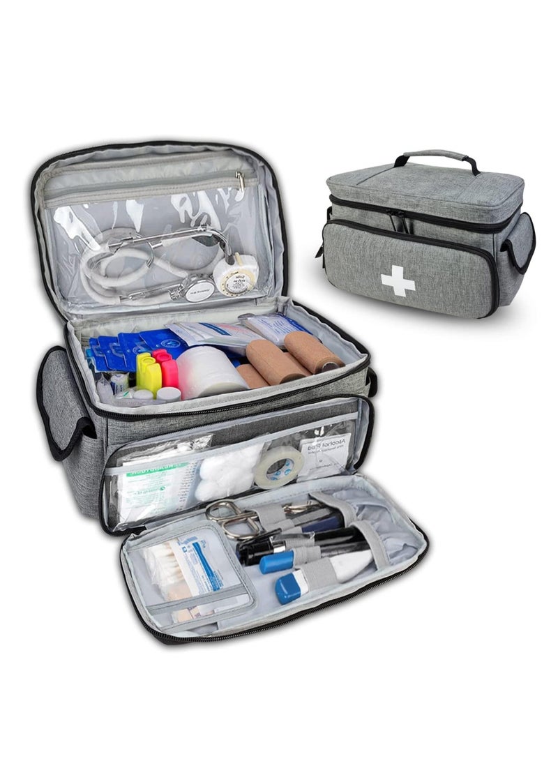 حقيبة إسعافات أولية محمولة، حقيبة إمدادات طبية فارغة مع حقيبة صغيرة للسفر وحقيبة أدوية ومستحضرات تجميل للاستخدام في المنزل والتخييم والمشي لمسافات طويلة والمكتب (رمادي) - Image 1