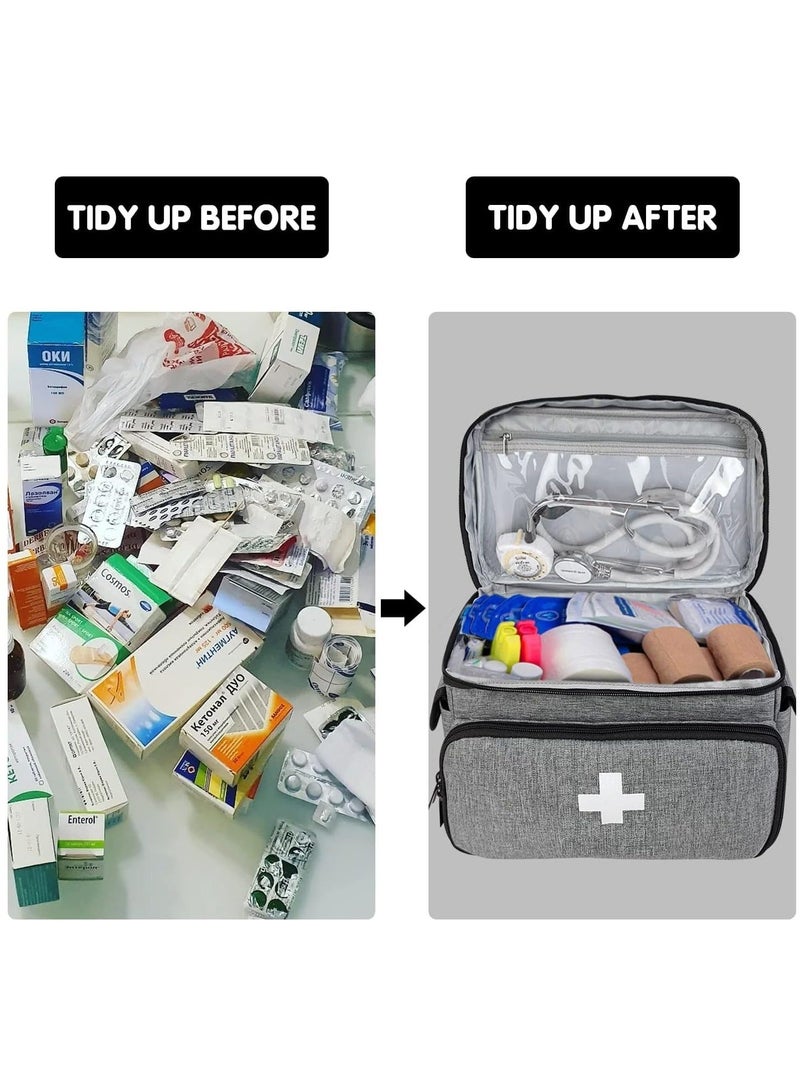 حقيبة إسعافات أولية محمولة، حقيبة إمدادات طبية فارغة مع حقيبة صغيرة للسفر وحقيبة أدوية ومستحضرات تجميل للاستخدام في المنزل والتخييم والمشي لمسافات طويلة والمكتب (رمادي) - Image 2