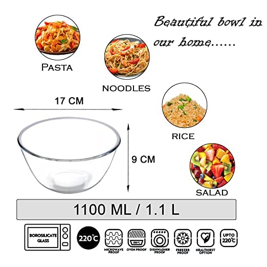 SIMPARTE Regalia Mixing Transparent Round Glass Bowl, Dishwasher Safe for Kitchen & Dinning (1000 ml) - Image 3