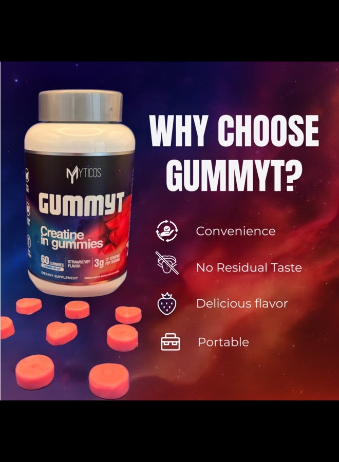 MYTICOS Gummyt Creatine in Gummies 3000 mg | Powerful Muscle Recovery & Strength & Energy Booster | Strawberry Flavor | No Added Sugar | Creatine Monohydrate Supplement for Men & Women | 60 Easy-Chew Gummies
